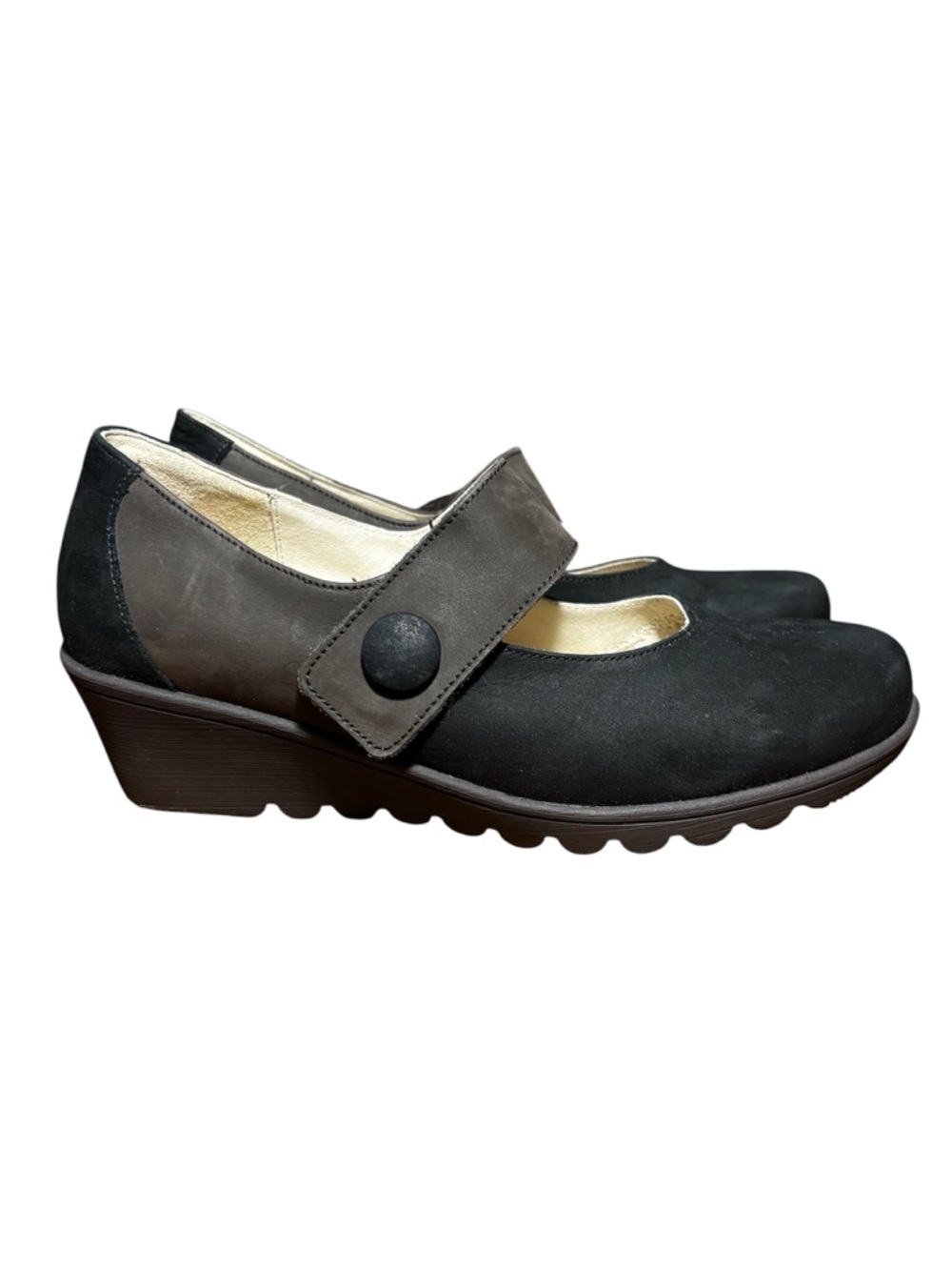Waldlaufer Luftpolster Mary Jane Wedge, black and brown suede. Women’s 6
